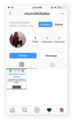 Screenshot of a fake or suspicious Instagram account.